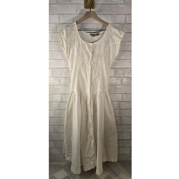 Phool White Full Button Drop Waist Midi Dress Floral Embroidery Cottagecore Sm - Picture 1 of 12